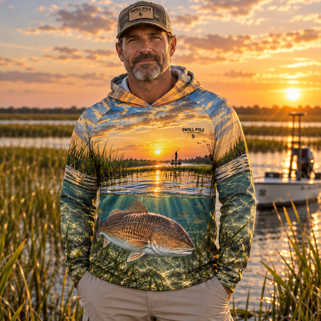 Red Dawn Redfish Performance Fishing Hoodie | Swoll Pole Outfitters