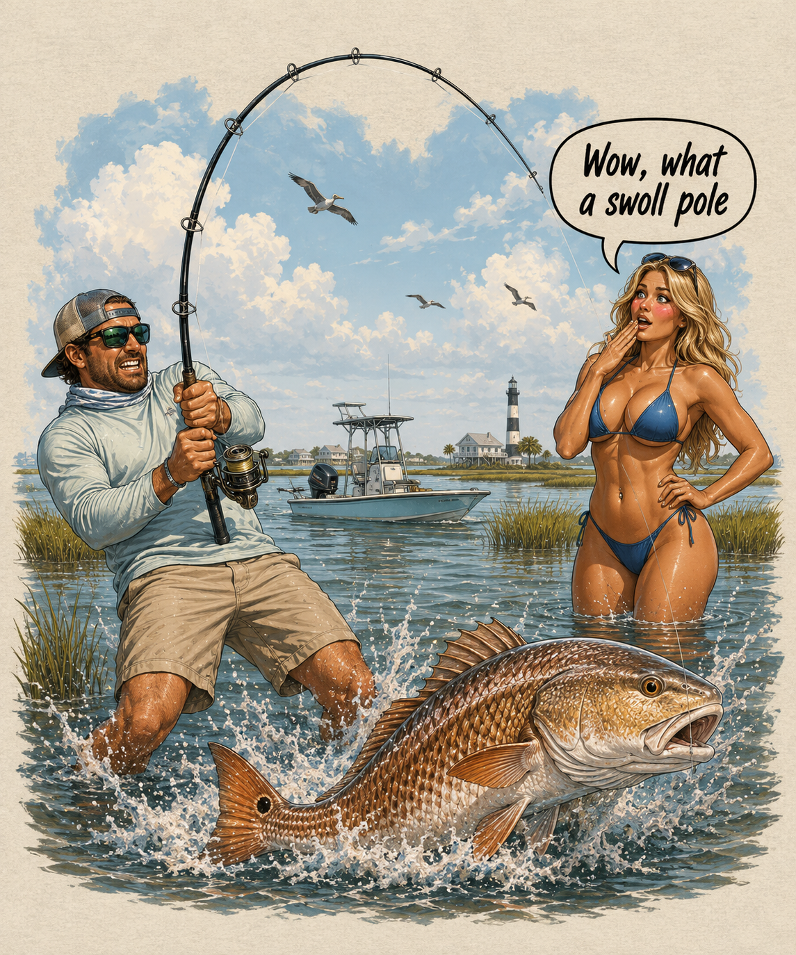 Wow, What a Swoll Pole Funny Redfish UPF Long Sleeve Shirt | Swoll Pole Outfitters