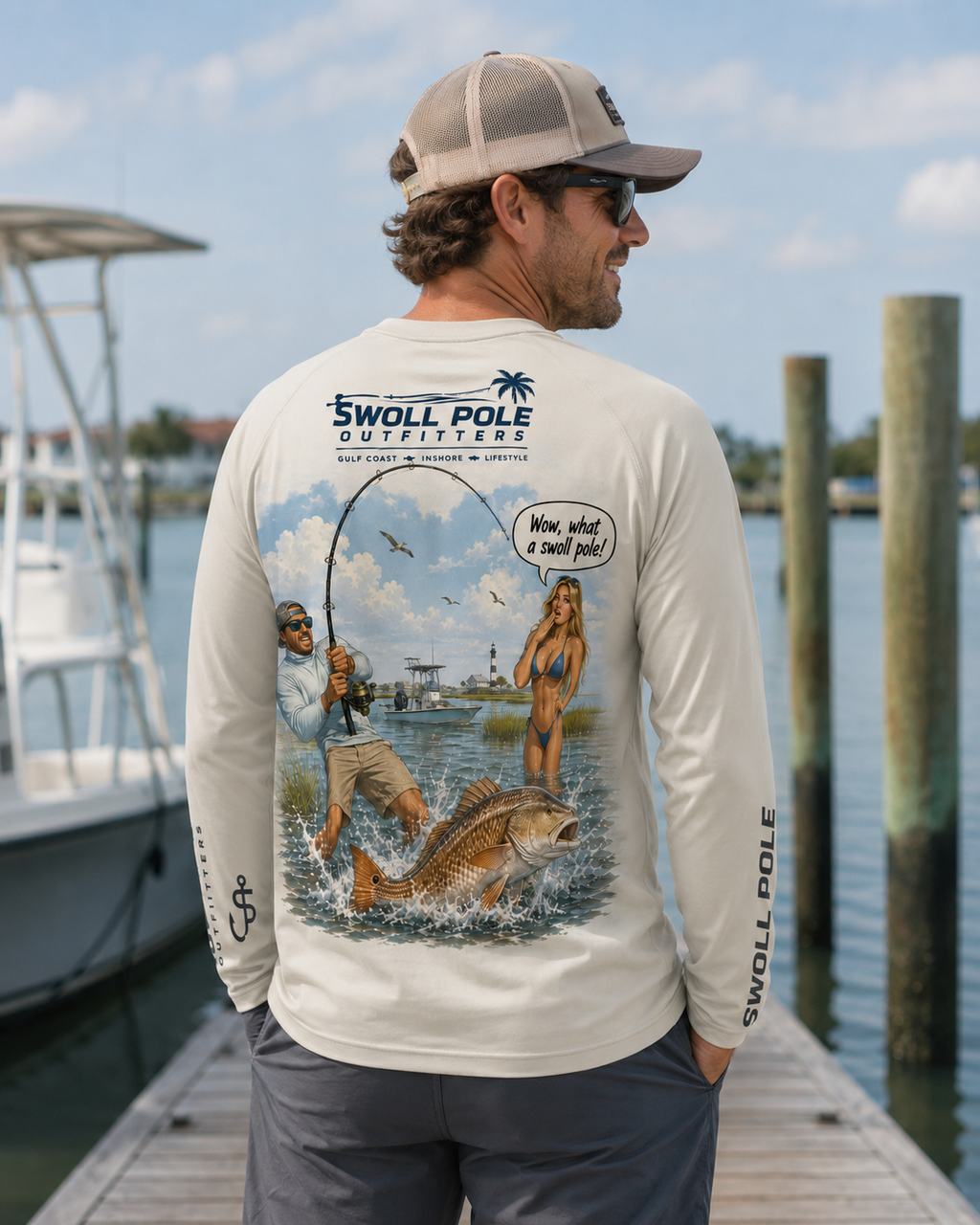 Wow, What a Swoll Pole Funny Redfish UPF Long Sleeve Shirt | Swoll Pole Outfitters