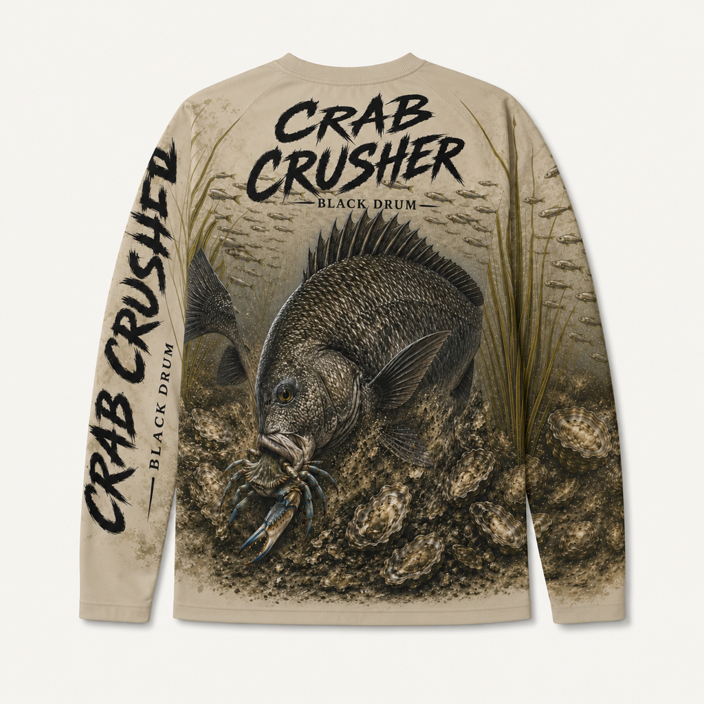 Crab Crusher Black Drum UPF Long Sleeve Fishing Shirt | Swoll Pole Outfitters