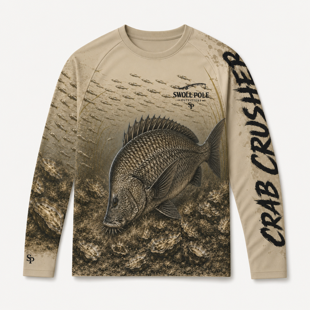 Crab Crusher Black Drum UPF Long Sleeve Fishing Shirt | Swoll Pole Outfitters